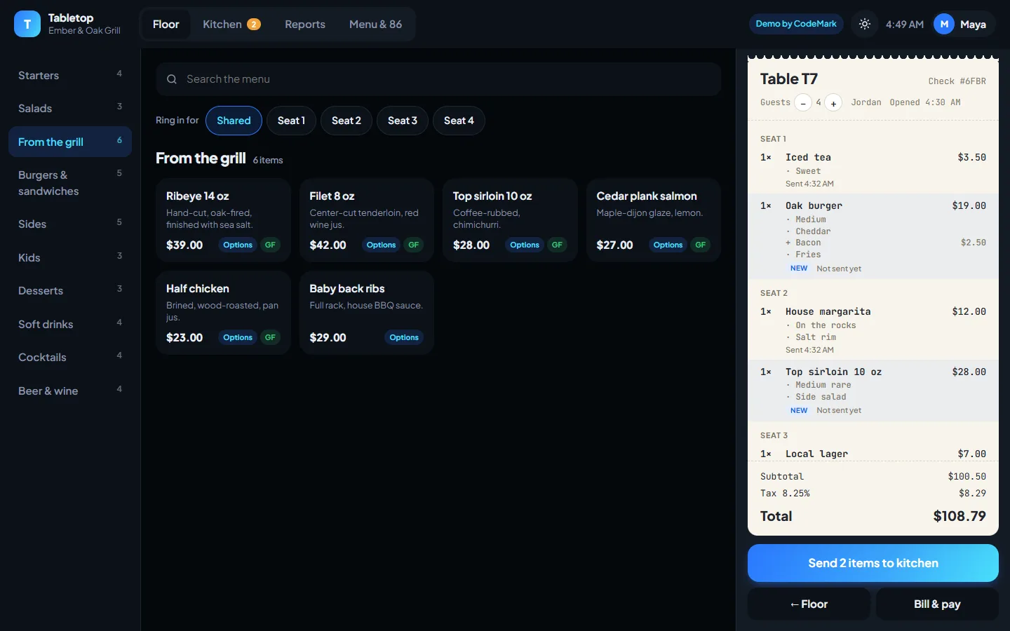 Tabletop order screen